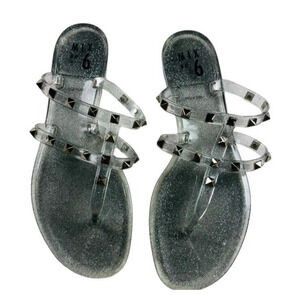 NWOT Mix No. 6 Womens Studded Jelly Glitter Flat Sandals Double Strap Black US 9